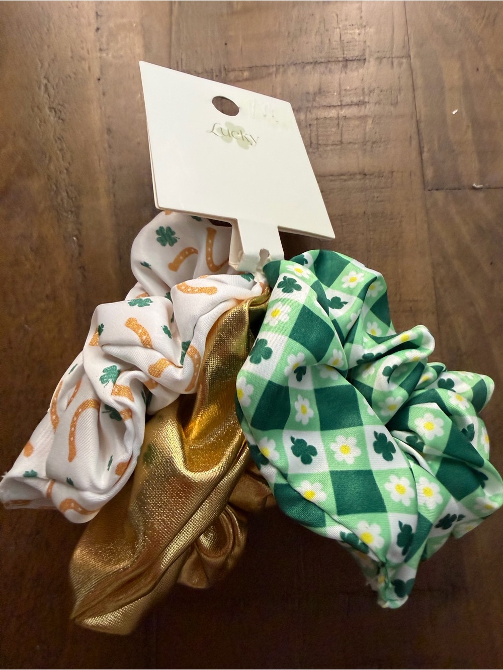 Lucky St. Patrick's Day Scrunchie Hair Tie Set Green Gold White 3-Pc